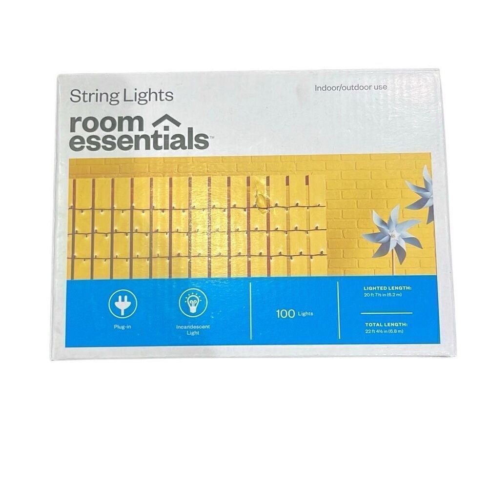 Room Essentials White String Lights 100 Lights 21 ft Lit Black Wire Plug‎ In NEW